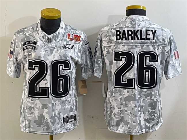 Womens Philadelphia Eagles #26 Saquon Barkley 2025 Super Bowl LIX Patch F.U.S.E. Arctic Camo Salute to Service Limited Stitched Jersey Dzhi